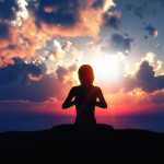 3D female in yoga pose against a sunset sky