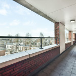 Balcony of residential brick building