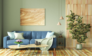 Interior design of modern apartment, blue sofa in living room, g